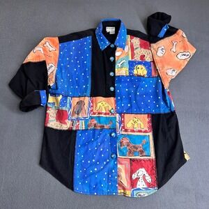 Silkscapes Handpainted Dog Shirt Women Medium Multicolor Patchwork Art Button Up